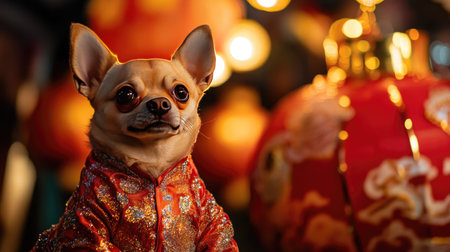 A small dog dressed in a Chinese New Year costume resembling a golden dragon, with sparkling details, sitting in front of a giant decorative lantern.の素材