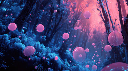 3D bubbles and splash in pink and blue, merging realism with 50s pop art comic style, set in a haunted forest. High-detail illustration capturing eerie vibes.の素材