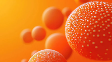 3D textured spheres on an orange background, detailed with dots or letters. Great for designing banners and abstract vector templates with a modern touch.の素材