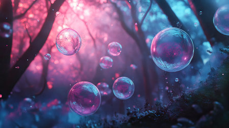 3D bubbles and splash in pink and blue, merging realism with 50s pop art comic style, set in a haunted forest. High-detail illustration capturing eerie vibes.の素材