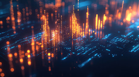 Abstract 3D rendering of glowing candlestick business chart on a deep blue background. Represents trade, finance, and market trends. Ideal for financial analysis and trading visuals.の素材