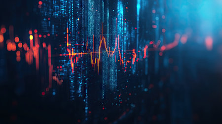 Abstract 3D candlestick business chart glowing against a blue background. Represents trade and market data with a modern, tech-oriented look. Ideal for financial visuals.の素材