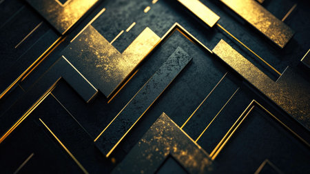 Abstract background showcasing gold directional arrows and geometric elements on a dark black space, perfect for a futuristic and elegant design approach.の素材