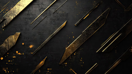 Abstract background showcasing gold directional arrows and geometric elements on a dark black space, perfect for a futuristic and elegant design approach.の素材