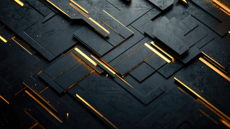 Abstract background showcasing gold directional arrows and geometric elements on a dark black space, perfect for a futuristic and elegant design approach.の素材