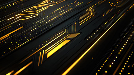 Abstract background showcasing gold directional arrows and geometric elements on a dark black space, perfect for a futuristic and elegant design approach.の素材