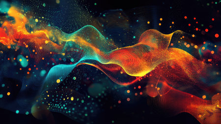 Abstract Big Data visualization with a digital, futuristic background. Hand-drawn art illustrating data mining and management. Great for banners, presentations, and technology graphics.の素材