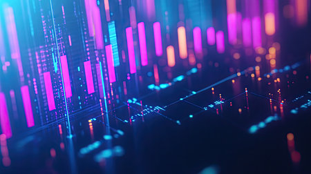 Abstract 3D candlestick chart with luminous elements on a blue background. Illustrates market dynamics and trading concepts. Great for finance and investment visuals.の素材