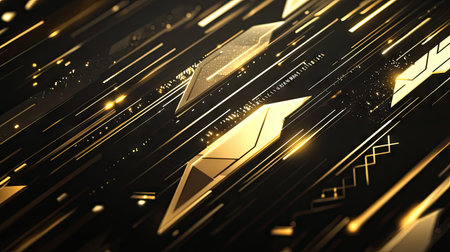 Abstract background showcasing gold directional arrows and geometric elements on a dark black space, perfect for a futuristic and elegant design approach.の素材