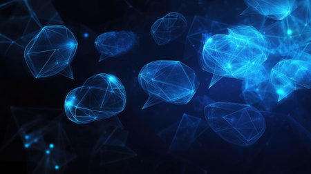 Abstract dark blue banner with glowing speech bubbles and polygonal design elements. Suitable for virtual networking, e-commerce, and communication concepts with ample text space.の素材