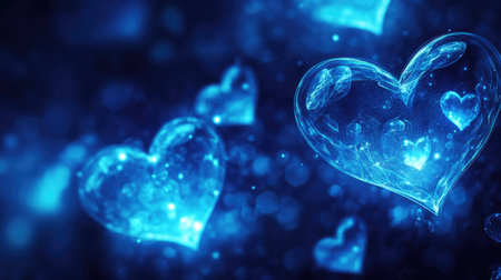 Abstract glowing neon blue hearts in a bokeh banner style, perfect for a love-themed or romantic design with text space.の素材