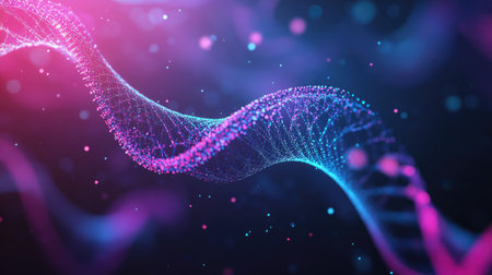 Abstract DNA molecule background with geometric dynamic waves. Perfect for science, technology, and chemistry-themed banners and wallpapers. Clean, modern design with scientific appeal.の素材