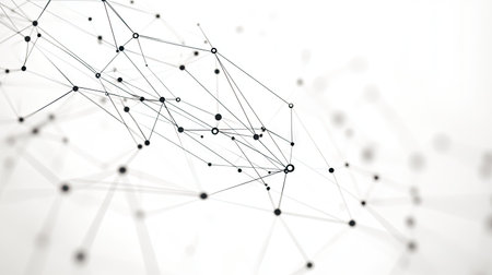 Abstract geometric design with network connection dots and lines on white. Perfect for illustrating tech, data science, or futuristic digital communication.の素材