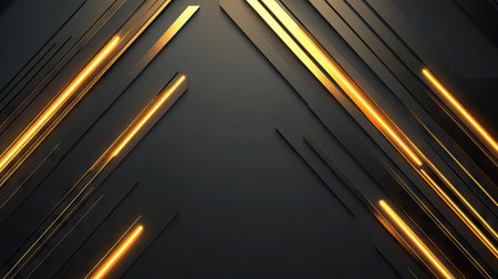 Abstract grey background with geometric gold arrows emitting light. The design is modern and futuristic, with ample blank space for customization and creative use.の素材
