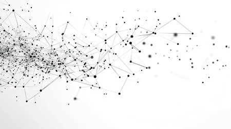 Abstract geometric design with network connection dots and lines on white. Perfect for illustrating tech, data science, or futuristic digital communication.の素材