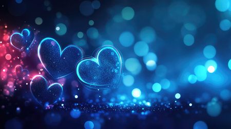 Abstract glowing neon blue hearts in a bokeh banner style, perfect for a love-themed or romantic design with text space.の素材