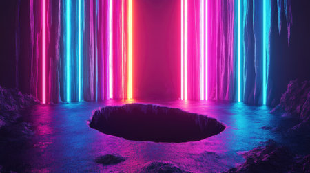 Abstract sinkhole design with vibrant neon stripes and techno theme. Ideal for creating modern art backgrounds, advertisements, website banners, and product packaging.の素材