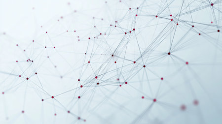 Abstract tech network with connection dots on a white background. Plexus lines forming a digital web, representing big data analysis and futuristic technology.の素材