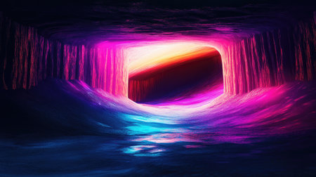 Abstract sinkhole design with vibrant neon stripes and techno theme. Ideal for creating modern art backgrounds, advertisements, website banners, and product packaging.の素材