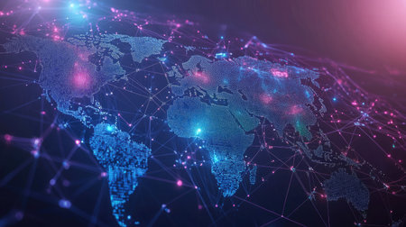 Abstract world map with glowing lines and data nodes illustrating global telecommunication networks. Vector design for business data connections and international networks.の素材