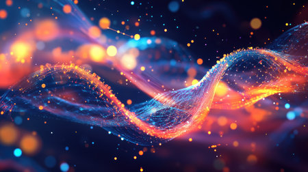 Abstract wallpaper with flowing DNA structures and geometric shapes. Perfect for science, technology, and chemistry themes. Dynamic waves and a futuristic aesthetic.の素材