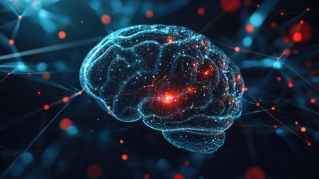 AI concept in 2D illustration, showing a neural network and a futuristic brain. Emphasizes machine learning and data analysis. Ideal for tech and science visuals.の素材