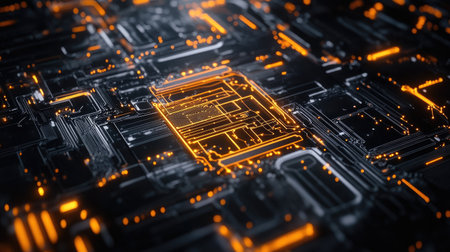 AI design with electric circuits and digital textures. Ideal for technology graphics, logo creation, and mobile applications. Showcases a sleek, futuristic machine learning concept.の素材