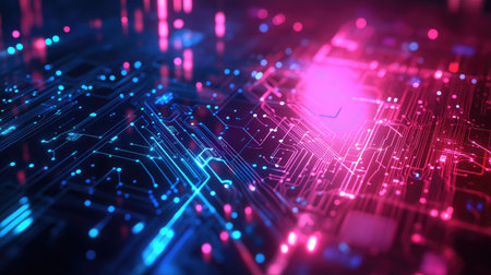 Artificial Intelligence themed background with glowing circuit lines and digital patterns. Ideal for tech logos, website design, and social media graphics. Modern and futuristic machine learning style.の素材