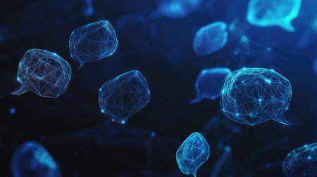 Communication concept banner featuring glowing polygonal speech bubbles against a dark blue backdrop. Ideal for virtual networking, e-commerce, and digital dialogue themes.の素材
