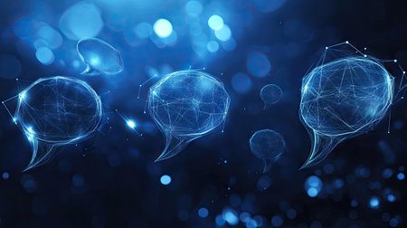 Communication concept on a dark blue polygonal background with glowing speech bubbles. Ideal for e-commerce and virtual networking themes with clear copy space.の素材