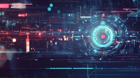 Digital abstract illustration for Big Data featuring futuristic elements and hand-drawn art. Tech background showcasing data mining and management concepts. Ideal for tech content and designs.の素材