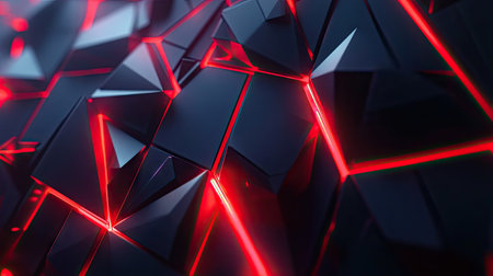 Dark polygonal backdrop illuminated with glowing red light, offering a cutting-edge and futuristic technology aesthetic.の素材