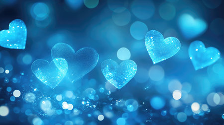 Dreamy neon blue hearts glowing against a blurred bokeh background, forming a banner design with a romantic, ethereal feel and text space.の素材