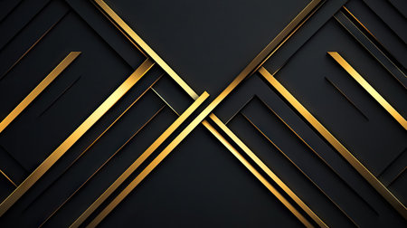 Elegant abstract design with gold directional arrows on a dark black background, combining geometric precision with a high-tech and luxurious feel.の素材