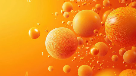 Dynamic orange background with 3D spheres, each textured with dots or letters. Suitable for vibrant banner design and eye-catching abstract vector illustrations.の素材