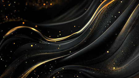 Elegant black background in 3D with flowing gold lines and delicate sparkles, offering a premium luxury design with room for text.の素材