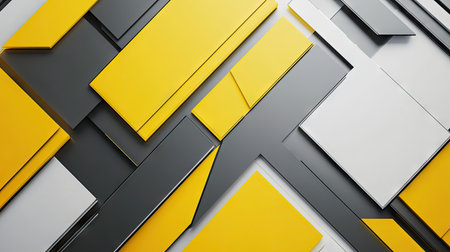 Elegant abstract design with yellow and grey triangle arrows forming a geometric pattern. The futuristic background features ample blank space for text or additional graphics.の素材