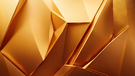 Elegant geometric shapes in gold against a rich golden gradient background, perfect for high-end, sophisticated design and branding.の素材