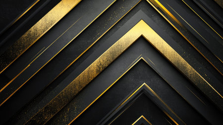 Elegant abstract design with gold directional arrows on a dark black background, combining geometric precision with a high-tech and luxurious feel.の素材
