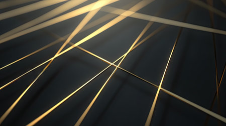 Elegant dark grey background featuring intersecting gold light lines with gentle shadows, perfect for high-end visual presentations.の素材