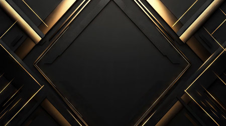 Futuristic abstract background featuring geometric gold arrows pointing in various directions on a sleek black blank space, ideal for technology and luxury themes.の素材
