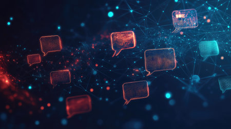 Futuristic banner showcasing glowing speech bubbles and virtual networking icons. Dark blue polygonal background with ample copy space for dialogue and e-commerce concepts.の素材
