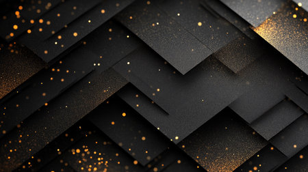 Geometric 3D design with black paper layers and sparkling golden dots, offering a sophisticated and textured abstract background for creative projects.の素材