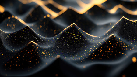 Geometric 3D illustration with black carbon-layered shapes textured with golden glittering accents, perfect for a modern and elegant visual backdrop.の素材