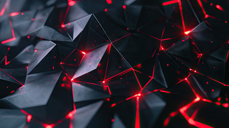 Futuristic black polygonal texture with bold red light features, offering an abstract and innovative technology background.の素材