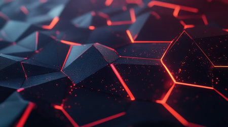 Geometric black polygon design enhanced with vibrant red light, creating an abstract and forward-thinking technology theme.の素材