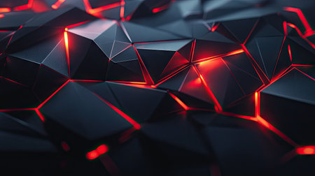 Futuristic black polygonal texture with bold red light features, offering an abstract and innovative technology background.の素材
