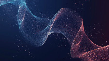 Geometric and dynamic background with scientific DNA molecules. Ideal for technology, chemistry, and medicine-related banners. Modern design with smooth wave flows and intricate details.の素材