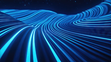 Glowing blue lines in a curved, futuristic pattern on an abstract background. Perfect for showcasing future technology and modern design in banners and business visuals.の素材