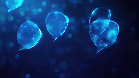 Glowing polygonal speech bubbles on a dark blue background, ideal for showcasing communication and virtual networking themes. Includes ample copy space for text and e-commerce concepts.の素材